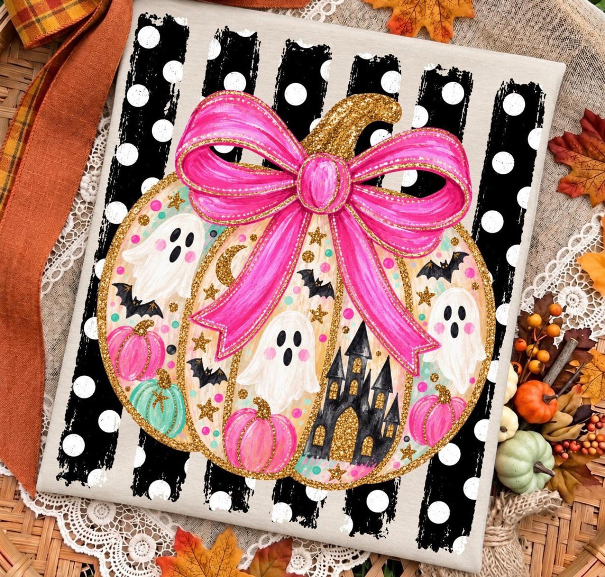 GLITTERY PUMPKIN WITH POLKA DOT STRIPES 929262------T SHIRT------ (GILDAN) 092926KB