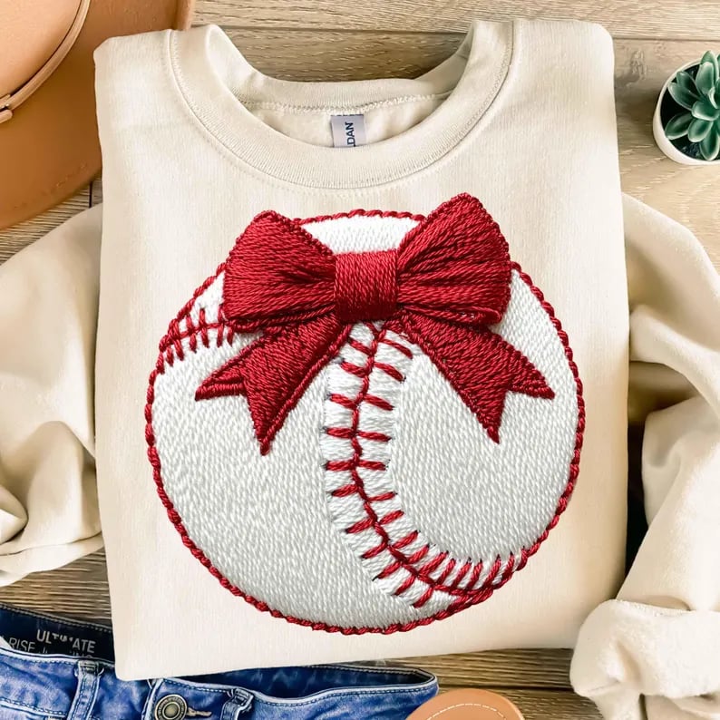 Faux Embroidered Baseball with Red Bow - T SHIRT - (Comfort Color & Bella)