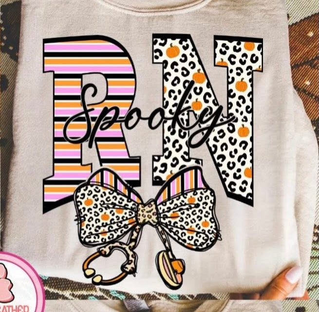 Spooky RN with Leopard Bow Stethoscope - T SHIRT - (Jerzee/Gildan)