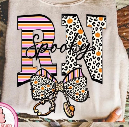 Spooky RN with Leopard Bow Stethoscope - T SHIRT - (Jerzee/Gildan)