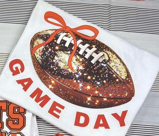 Glitter Football with Orange Bow & Game Day - T SHIRT - (Comfort Color)