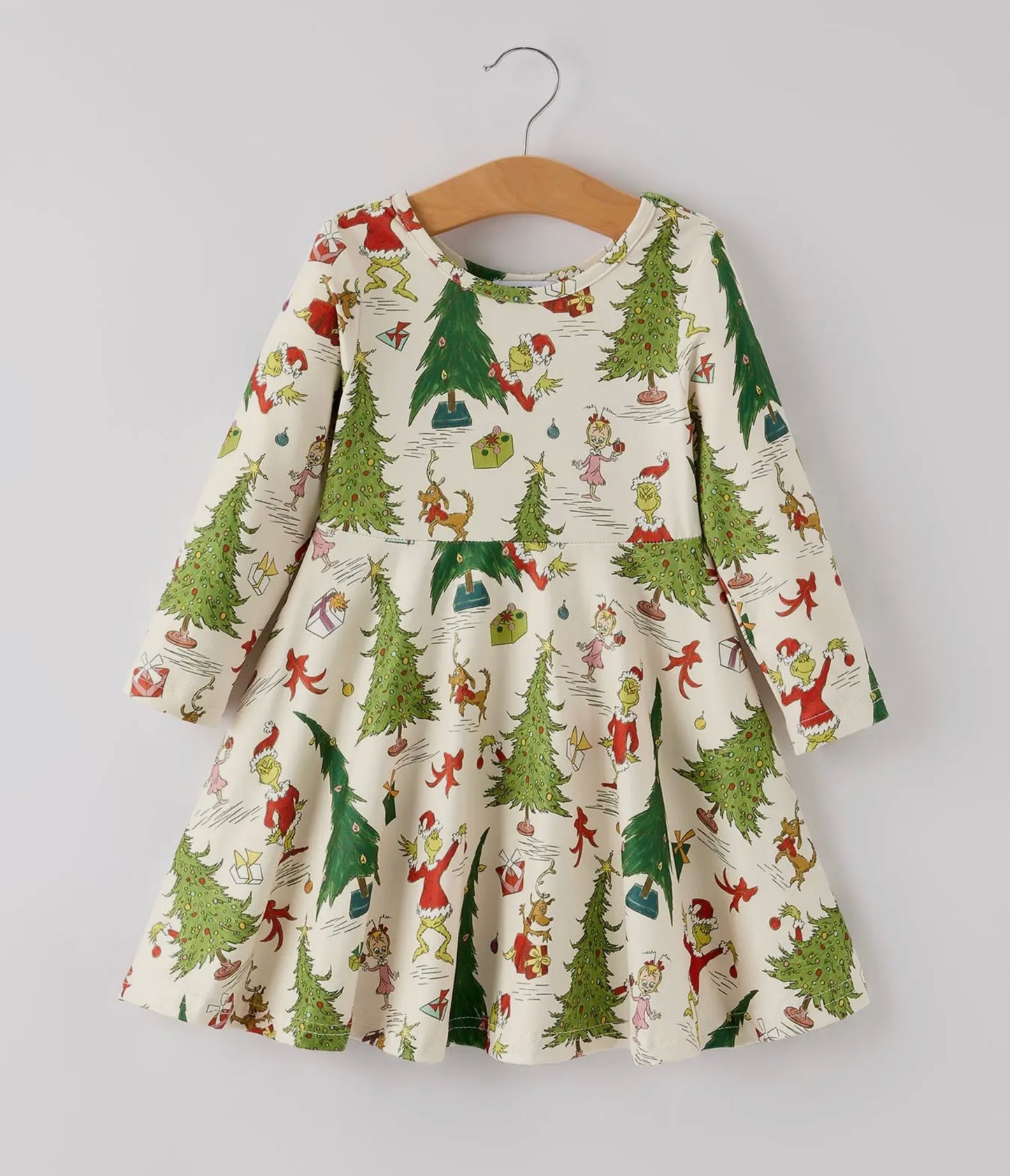 Winter Christmas Tree Character Print Green Girls Dress- 103025br