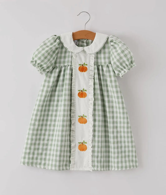 Fall Halloween & Thanksgiving Pumpkin Applique Plaid Green Girls Dress-10725br