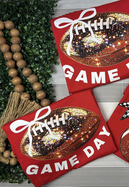 Glitter Football with White Bow & Game Day - T SHIRT- (Comfort Color)