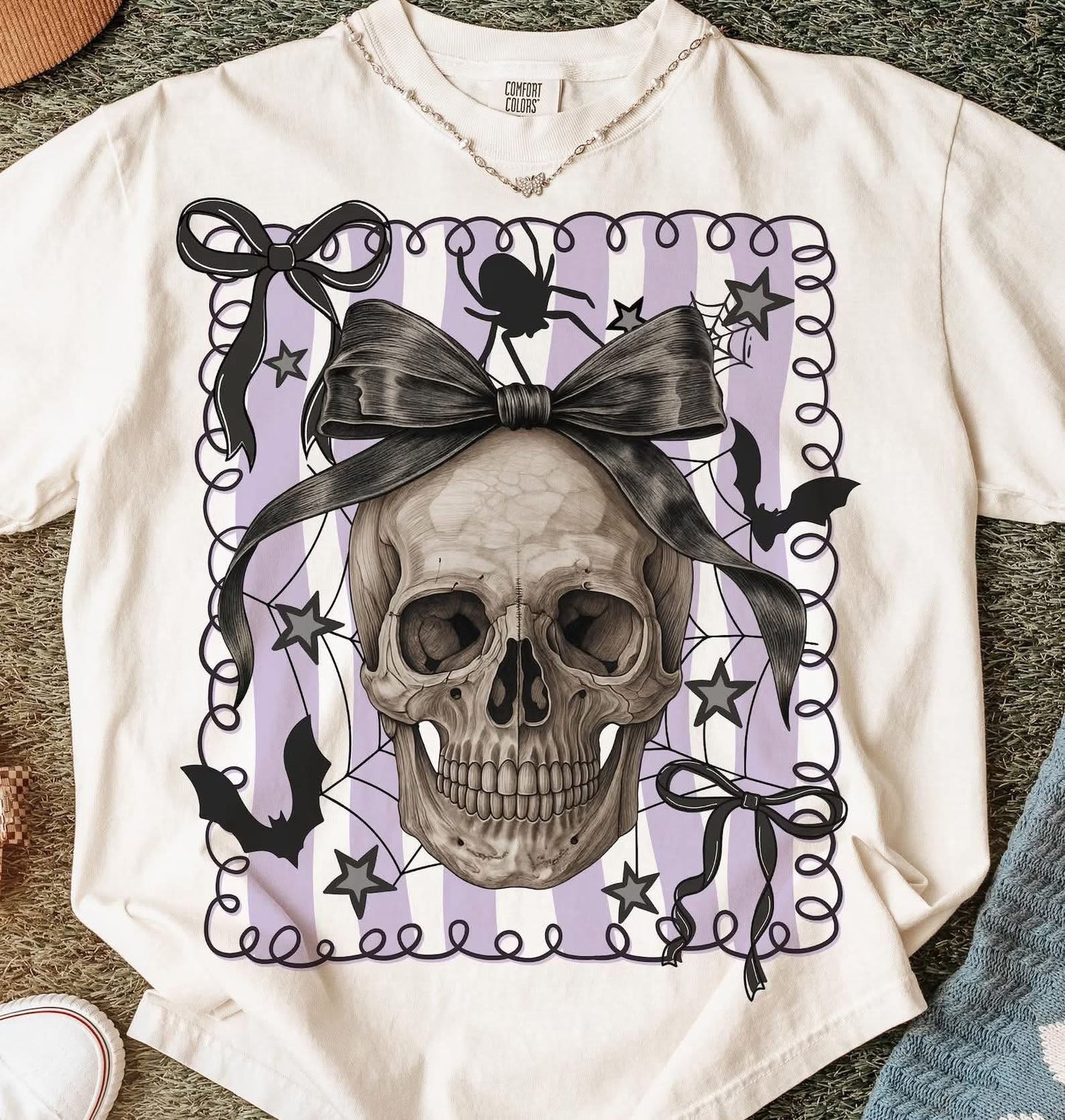Halloween Skull with Black Bow & Spiders - T SHIRT - (Comfort Color)