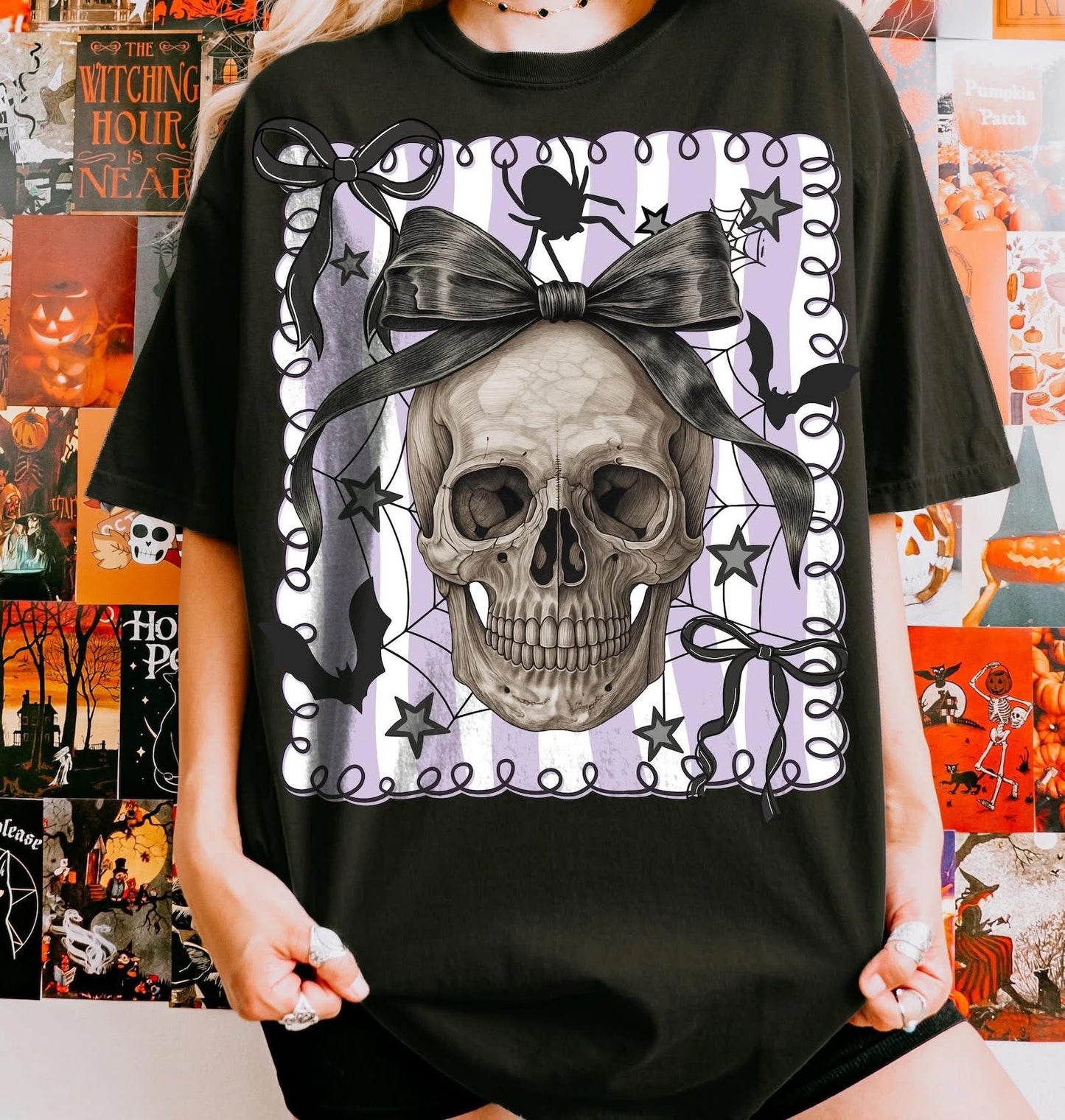 Halloween Skull with Black Bow & Spiders - T SHIRT - (Comfort Color)