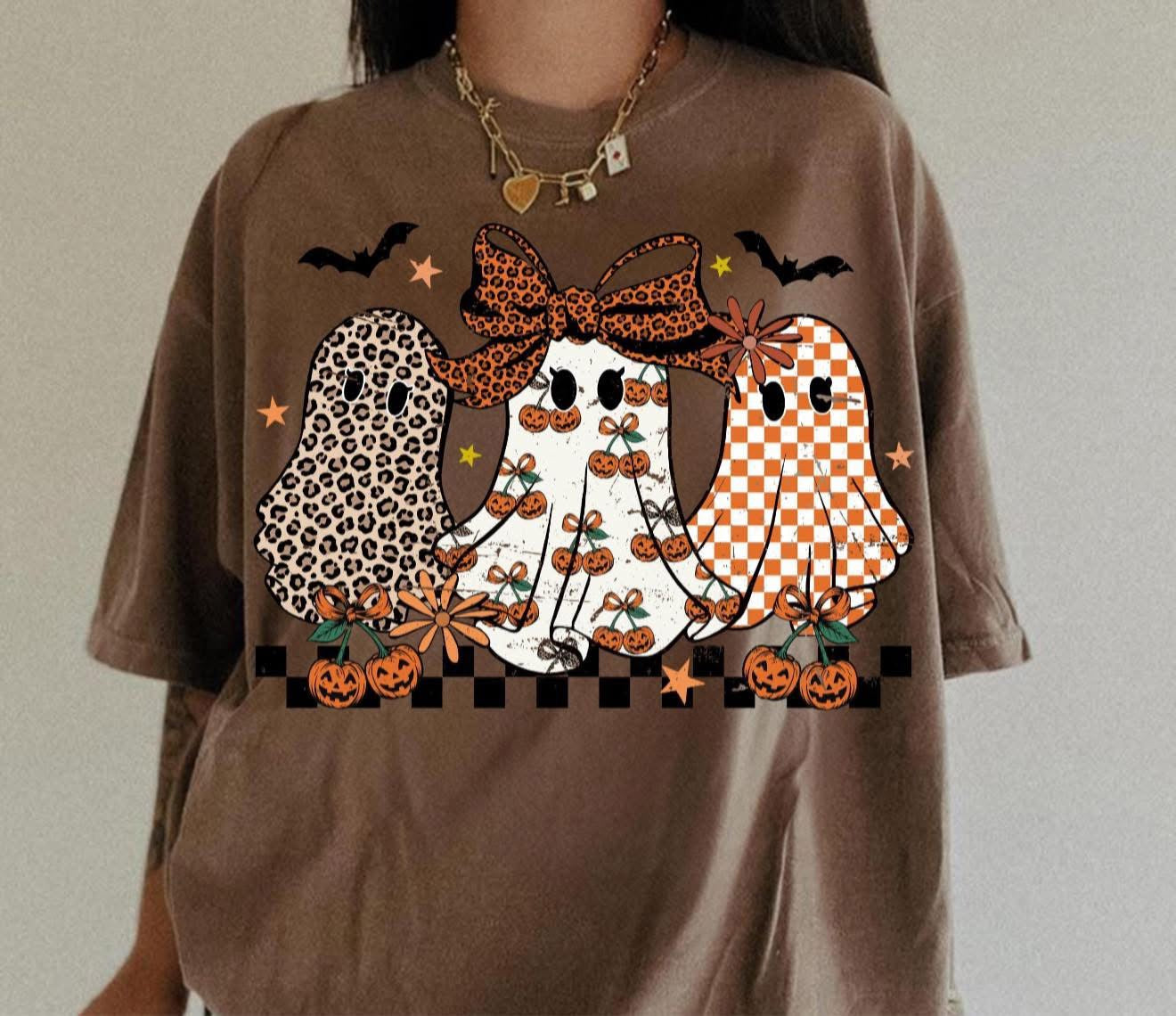 3 Girly Ghost with Cheetah, Pumpkin Cherries & Plaid - T SHIRT - (Comfort Color/Bella)