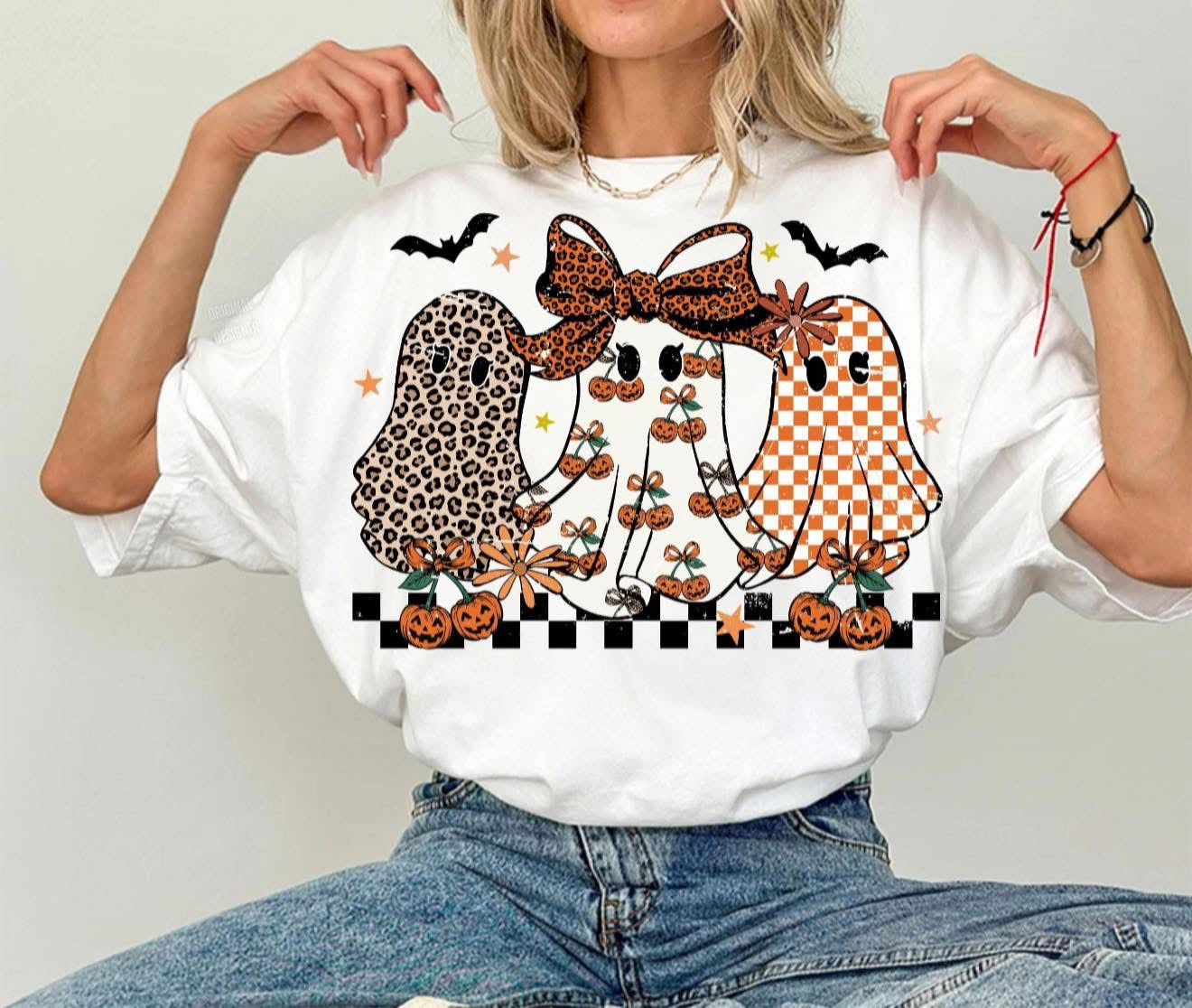 3 Girly Ghost with Cheetah, Pumpkin Cherries & Plaid - T SHIRT - (Comfort Color/Bella)