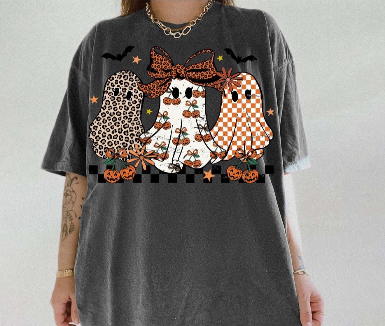 3 Girly Ghost with Cheetah, Pumpkin Cherries & Plaid - T SHIRT - (Comfort Color/Bella)