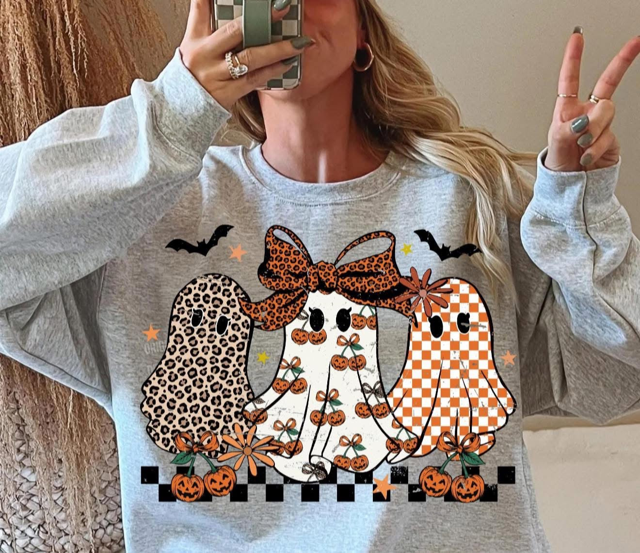 3 Girly Ghost with Cheetah, Pumpkin Cherries & Plaid - T SHIRT - (Comfort Color/Bella)