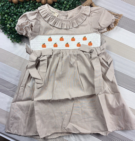 Halloween And Thanksgiving Pumpkin Embroidery Smock Plaid Girls Dress-HTPESPGD