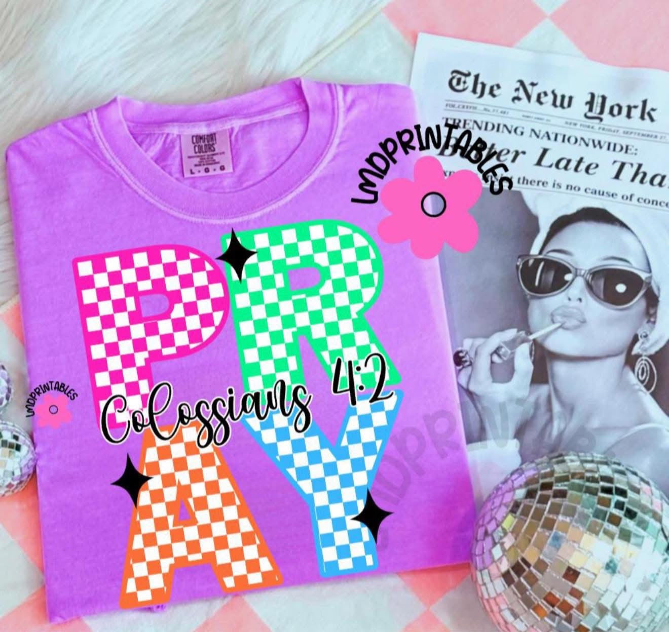 PRAY (stacked neon plaid letters) - T SHIRT - (Comfort Color/Bella)