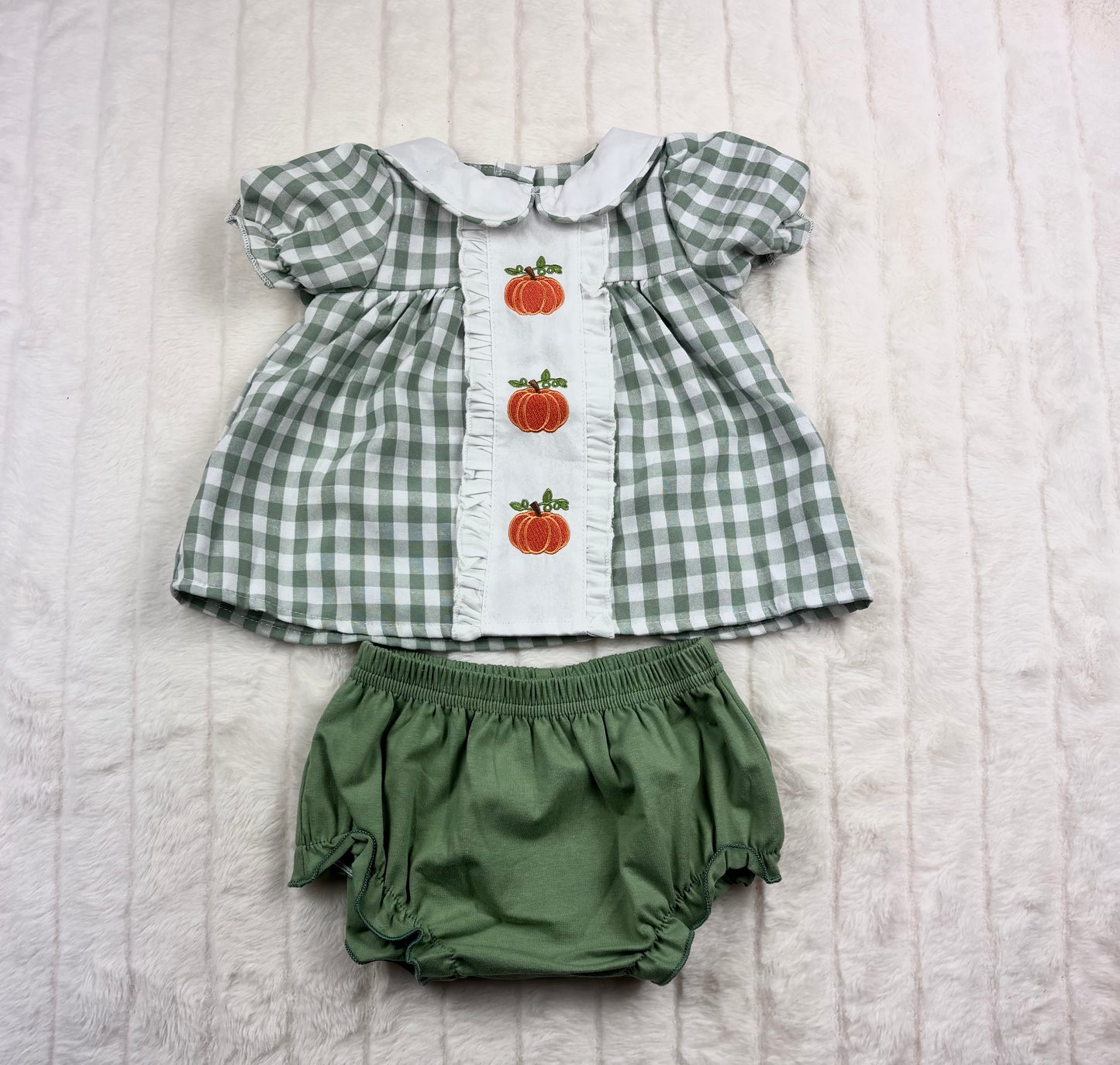 Fall Halloween & Thanksgiving Pumpkin Applique Plaid Green Girls Dress- 092225 et