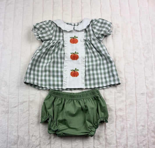 Fall Halloween & Thanksgiving Pumpkin Applique Plaid Green Girls Dress- 092225 et