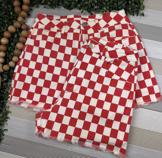 GAME DAY CHECKERED FRAYED HEM CAUSUAL SHORTS-GDCF23