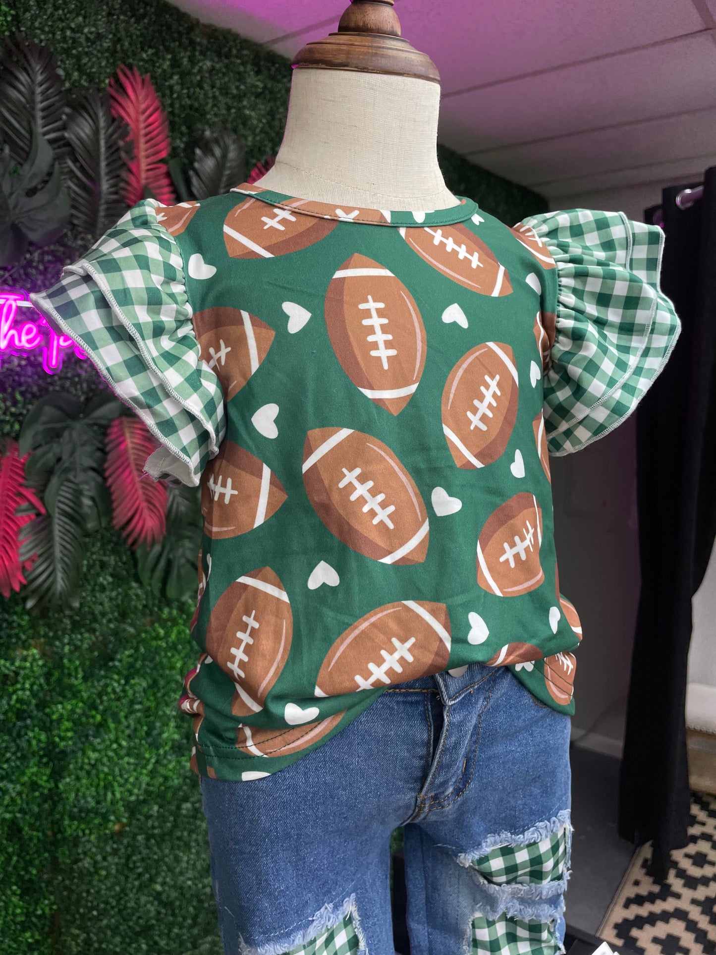 Gingham Football Girls shirt- Green BGF-GSG