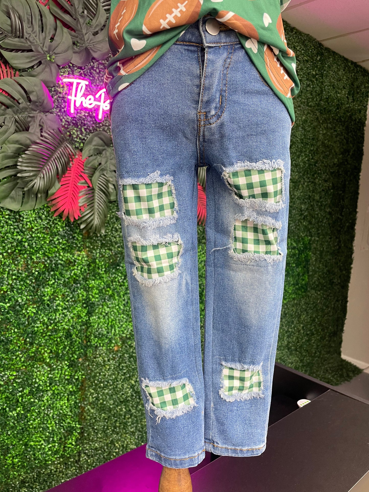 Gingham Football Girls Jeans - Green BGF-JGG