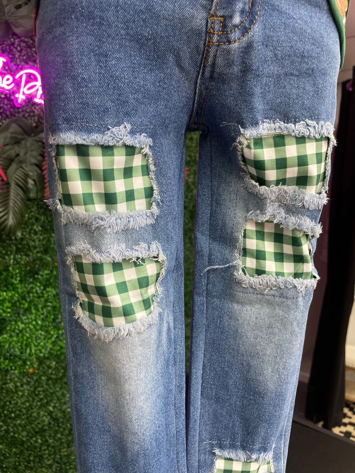 Gingham Football Girls Jeans - Green BGF-JGG