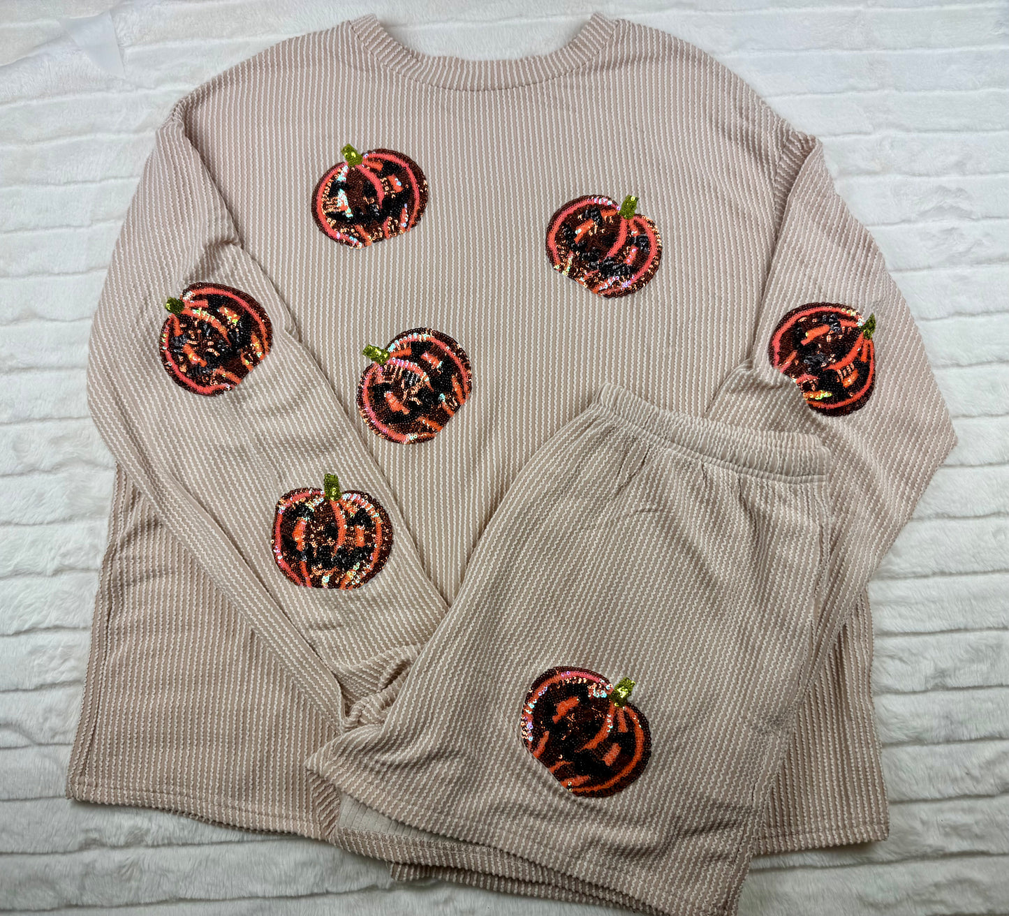 Halloween Sequin Pumpkin Corded Two Piece Shorts Set-10625br
