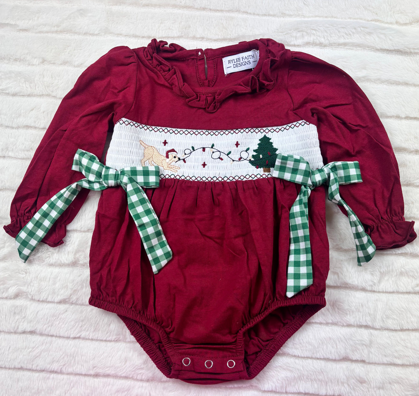 Rylee Faith Designs - Christmas Embroidered Baby Girls Romper with Green Plaid Bow - 10.14Et