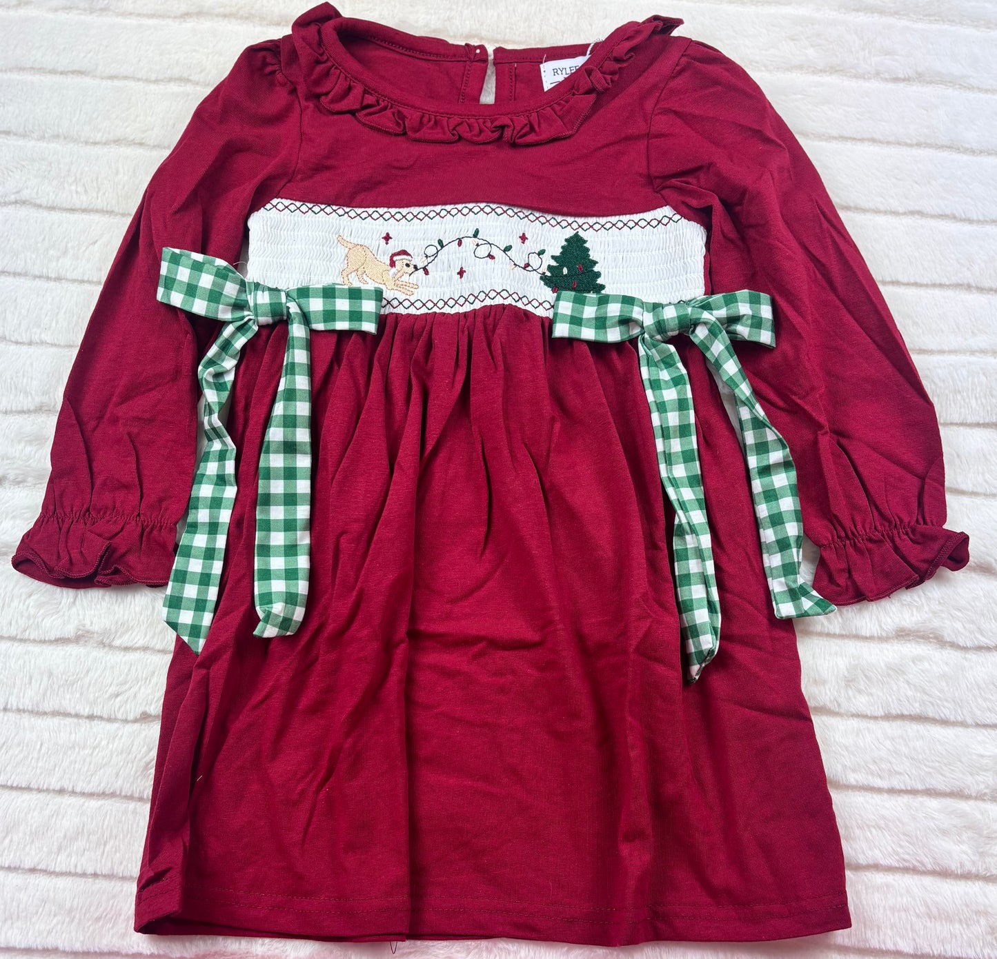 Rylee Faith Designs - Christmas Smocking Embroidered Girls Dress with Green Plaid Bow - 10.14Et