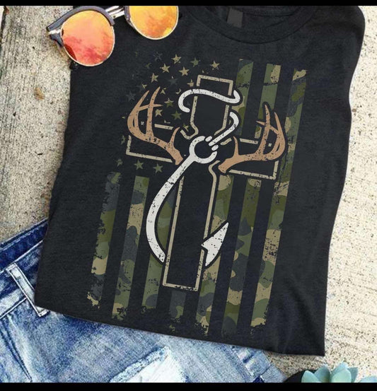 Camo Cross with Fishing Hook & Antlers - (Jerzee/Gildan)