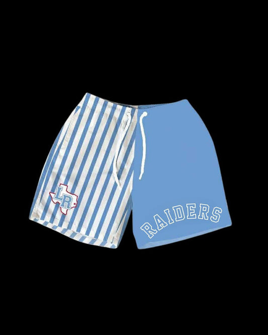 LR Raiders Half Blue/ Half Blue & White Stripe with Mascot Head & Wording (ADULT) - PRE ORDER