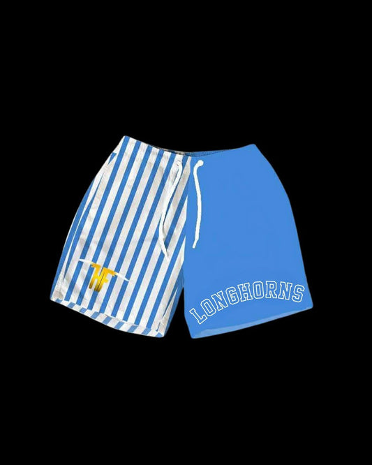 HF Longhorns Half Blue/ Half Blue & White Stripe with Mascot Head & Wording (ADULT) - PRE ORDER