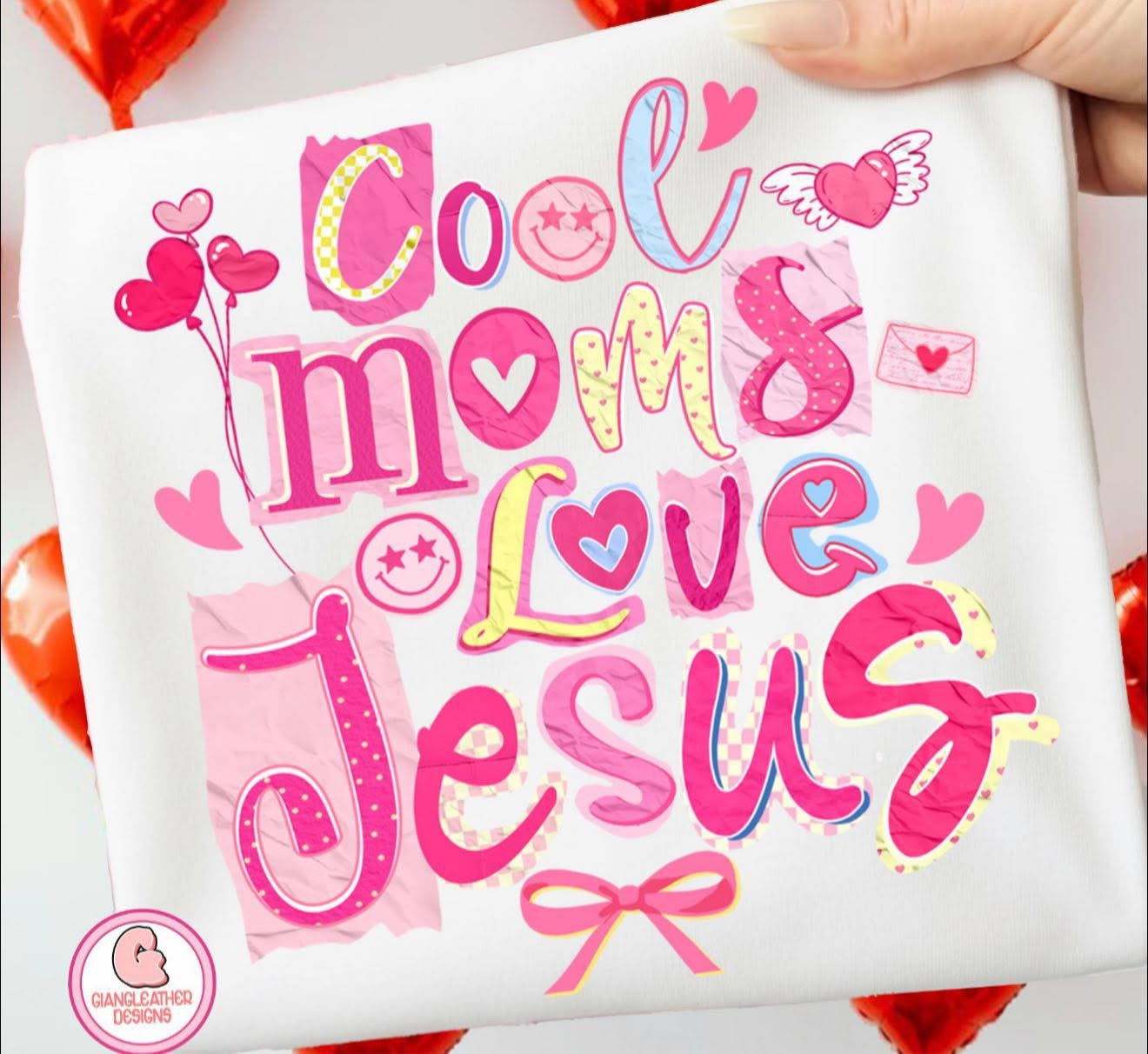 Cool Moms Love Jesus - Pink with Smiley Faces & Bows - T SHIRT - (Jerzee/Gildan)