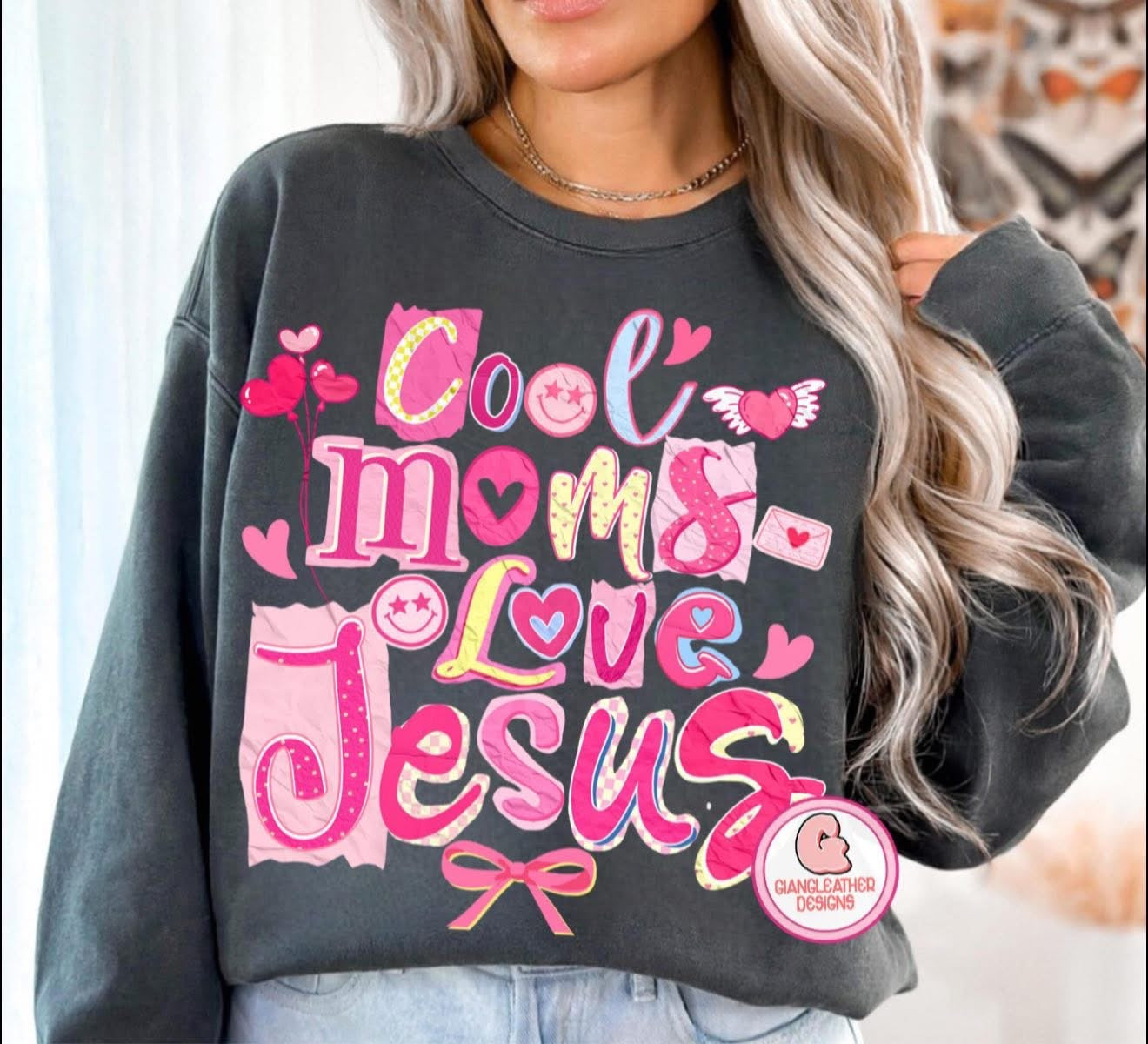 Cool Moms Love Jesus - Pink with Smiley Faces & Bows - T SHIRT - (Jerzee/Gildan)