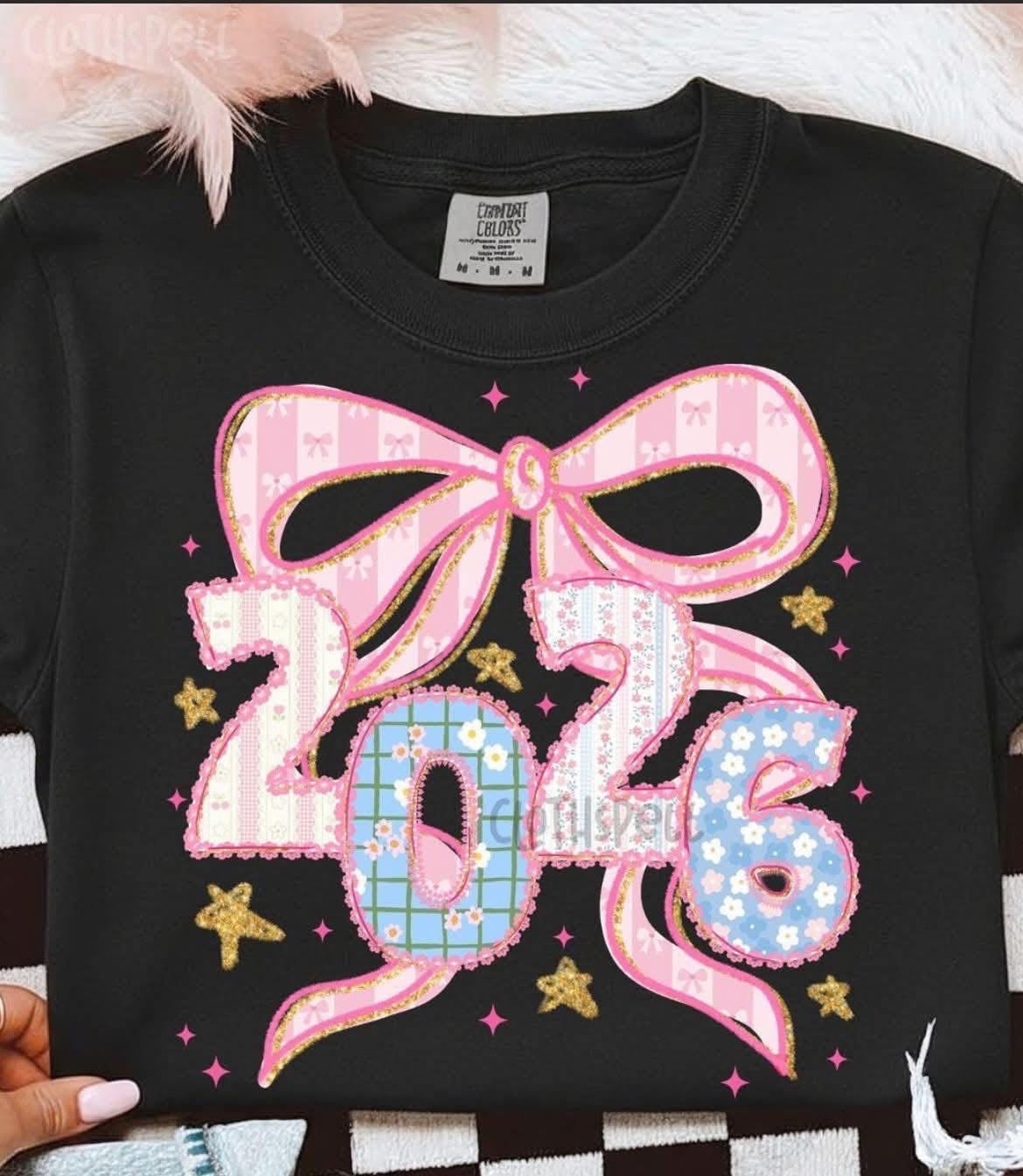2026 with Pink Bow & Gold Stars - T SHIRT - (Jerzee/Gildan)