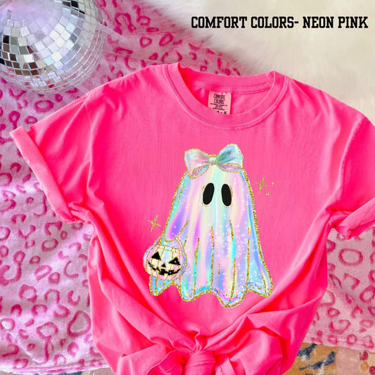 Girly, Glittery Ghost with Bow - T SHIRT - (Jerzee/Gildan)