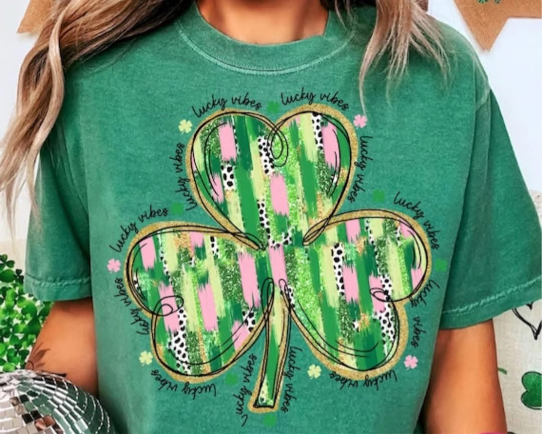 Blessed OR Lucky Vibes Clover Brushstrokes - T SHIRT - (Jerzee/Gildan)