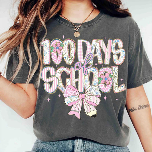 100 Days of School Pink Pastel Floral with Flowers & Pencil Bow - T SHIRT - (Jerzee/Gildan)