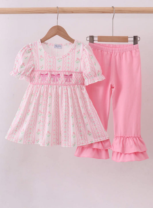 Ruffle Pants Set Smocked Pink Bows PRE ORDER