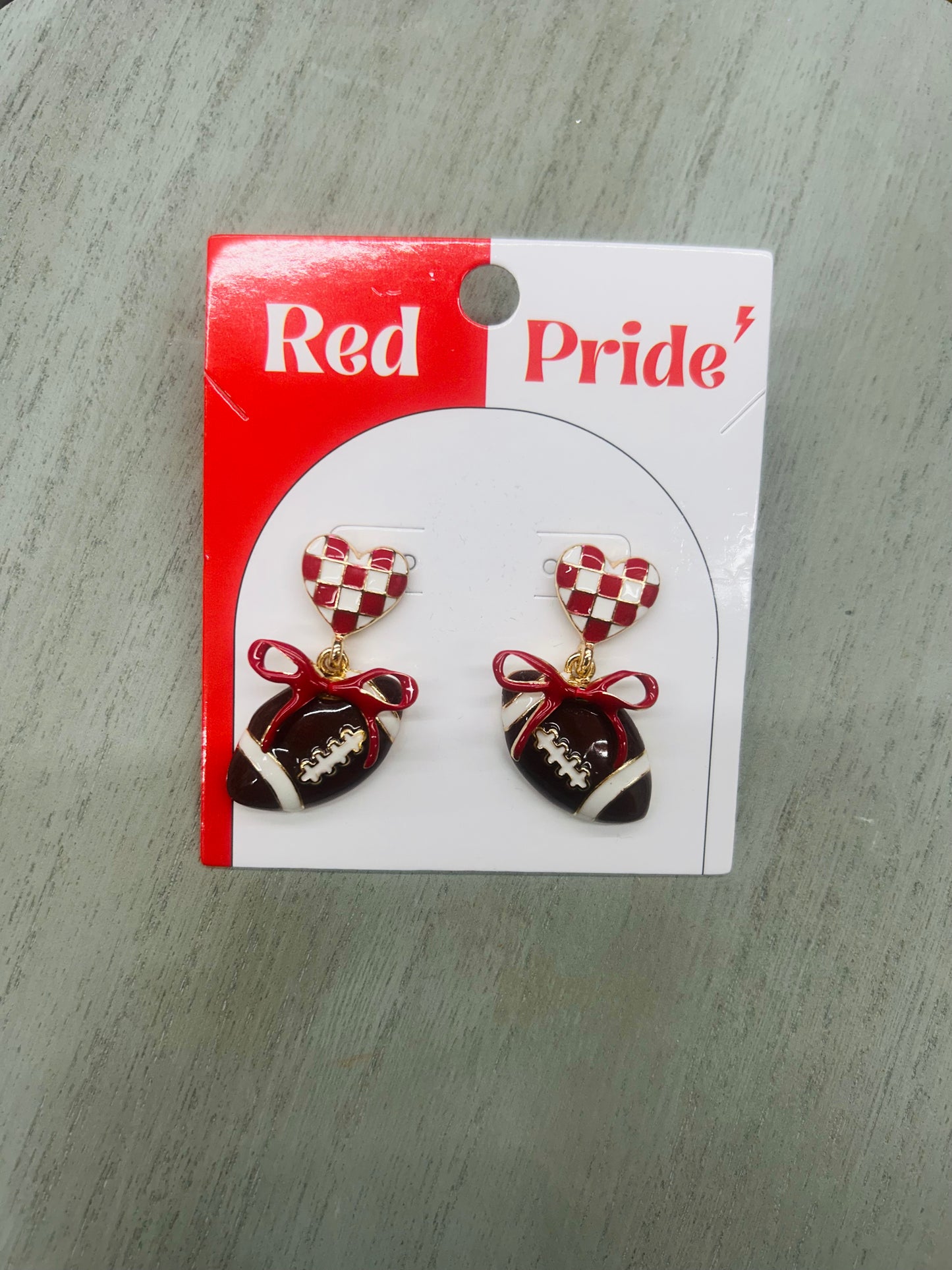 Red and White Color Coated Heart with Bow and Football Gameday Stud 1.5 Earring- 110625br