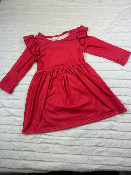 Plain Red Long-sleeve ruffle Dress- 110825br