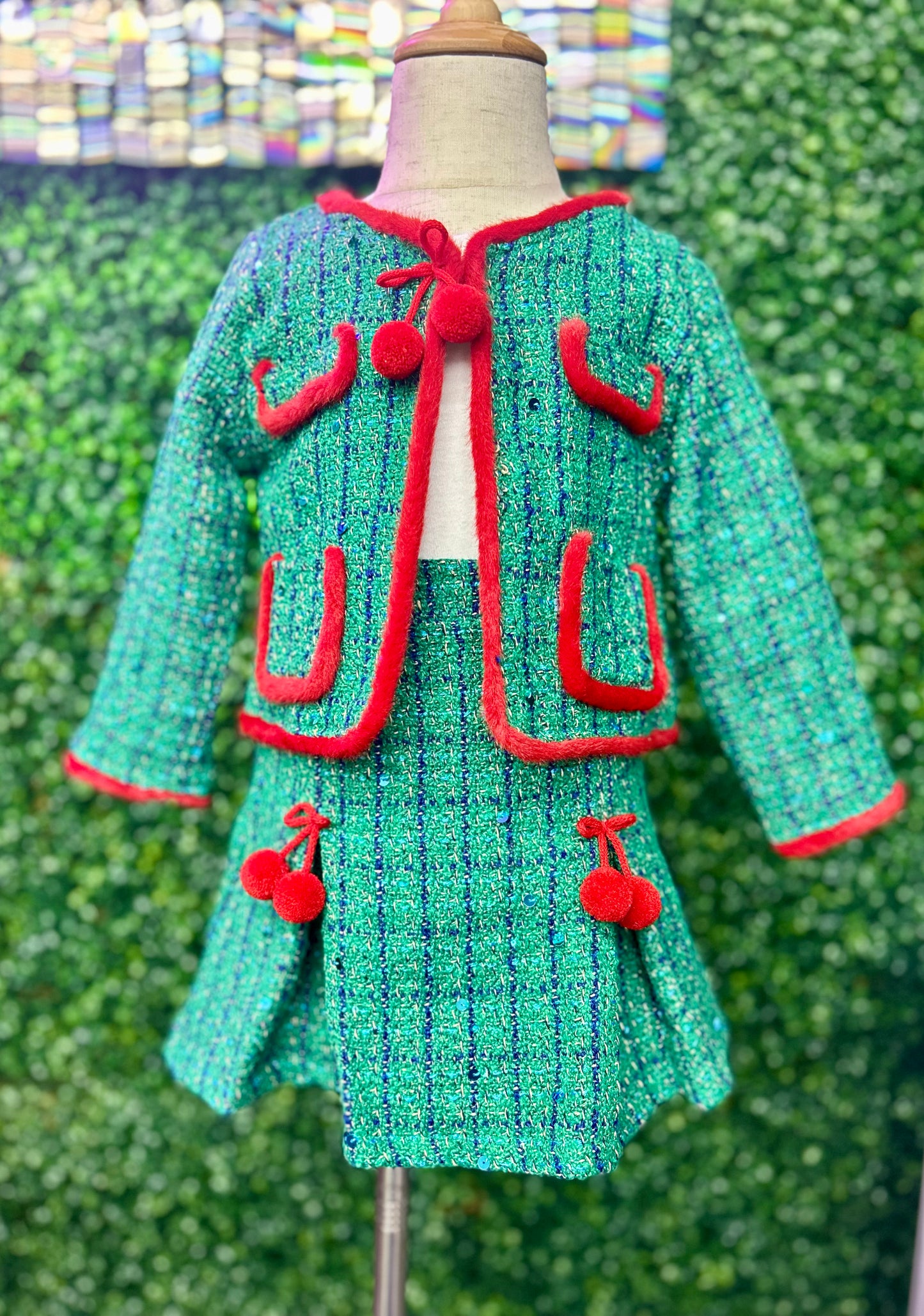 Green Sequin Tweed Blazer with Skirt Set-111825br