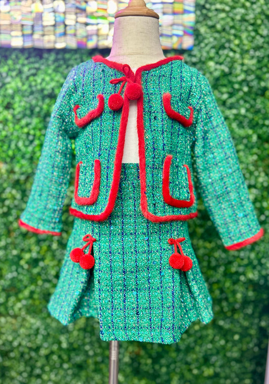 Green Sequin Tweed Blazer with Skirt Set-111825br