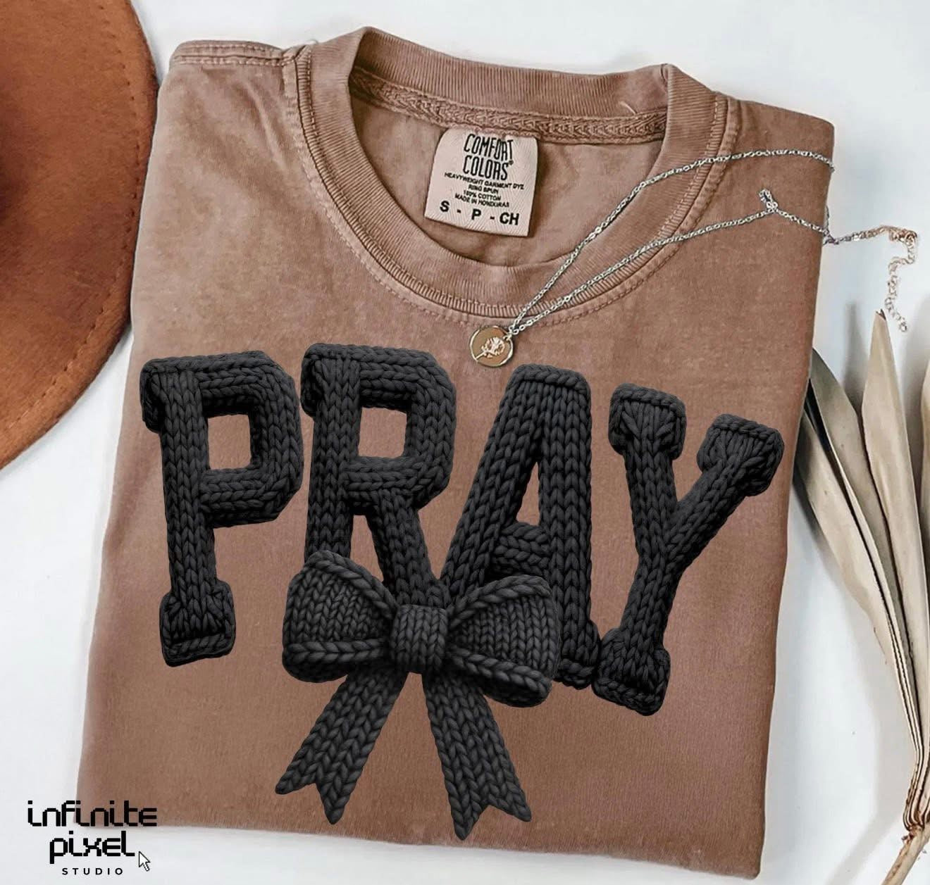 Faux Yarn Pray with black bow- T SHIRT - (Bella/ Comfort Color)