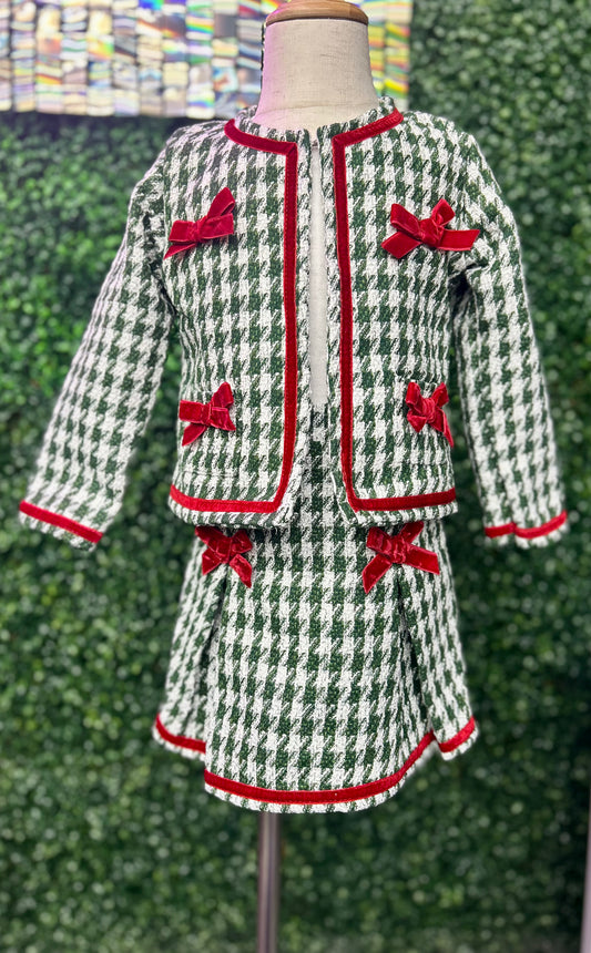 White and Green with Red Blows Blazer and Pleated Skirt Set- 111825br