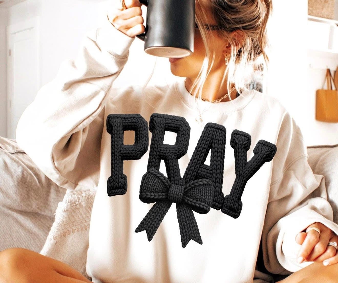 Faux Yarn Pray with black bow- T SHIRT - (Bella/ Comfort Color)