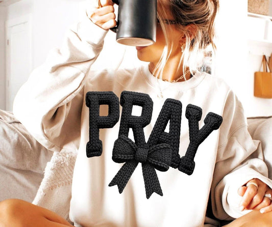 Faux Yarn Pray with Black Bow - SWEATSHIRT - (Jerzee/Gildan)