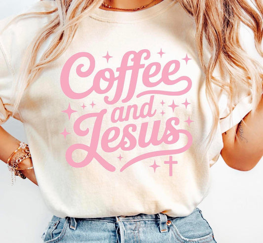 Coffee & Jesus with Pink Stars & Cross - T SHIRT - (Comfort Color)