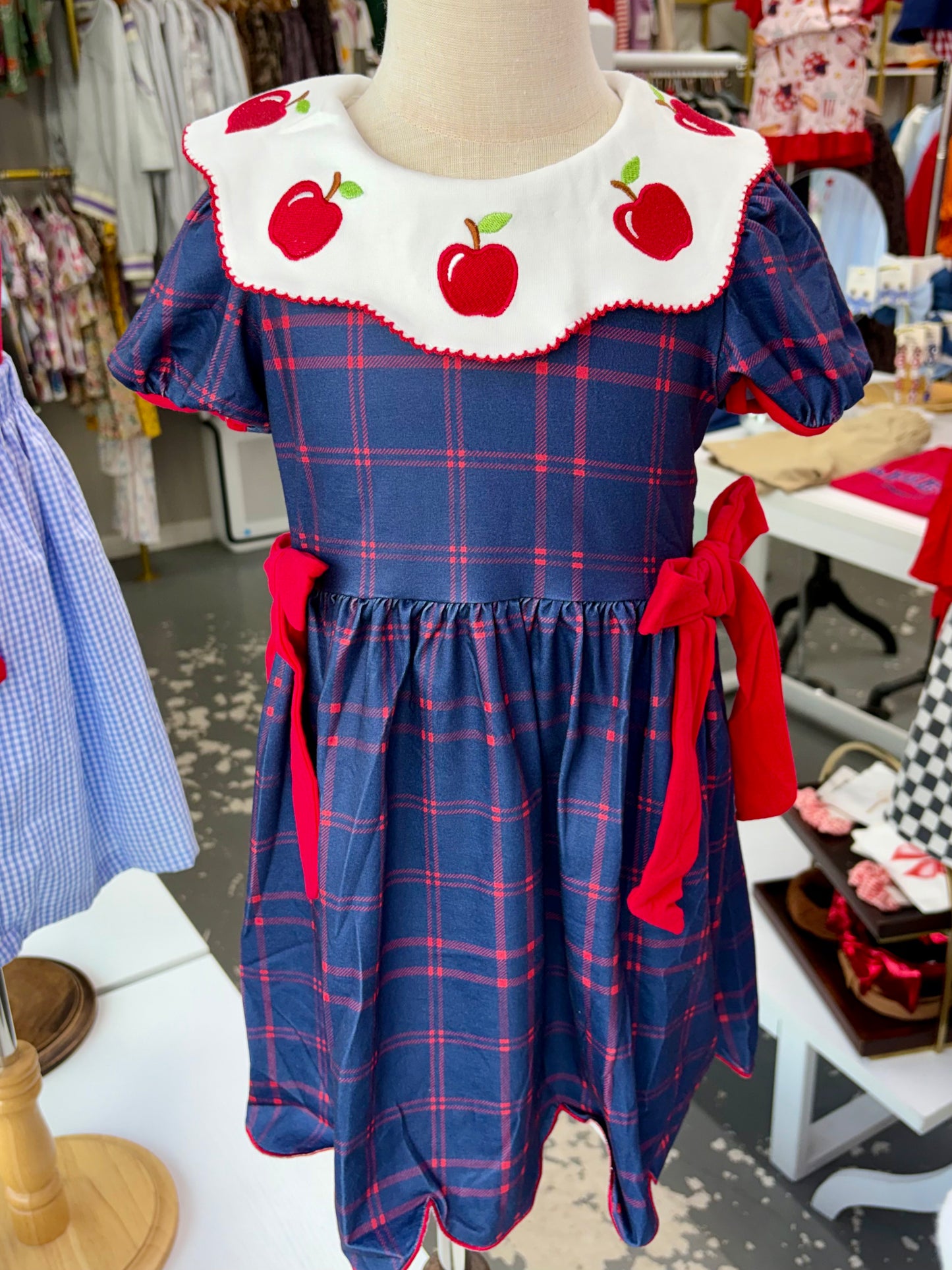 Back to school apple plaid girls dress scallop hem bow 051926HS