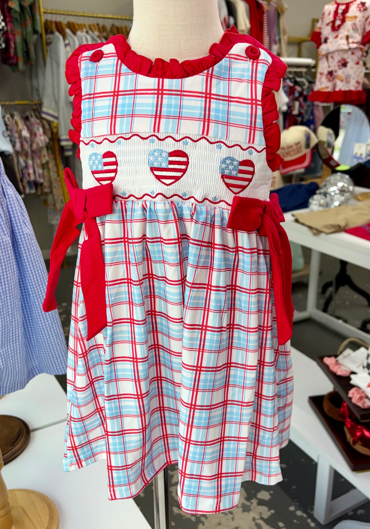 4th of July plaid flag heart girl dress with bow 051926HS2