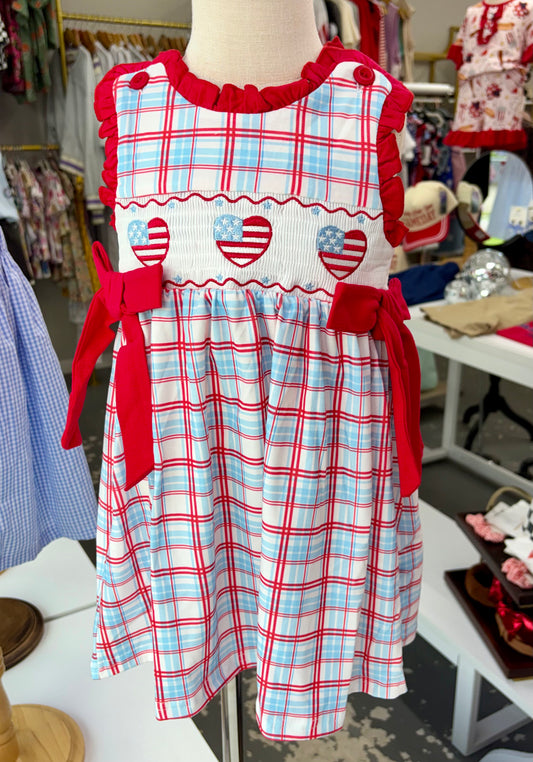 4th of July plaid flag heart girl dress with bow 051926HS2