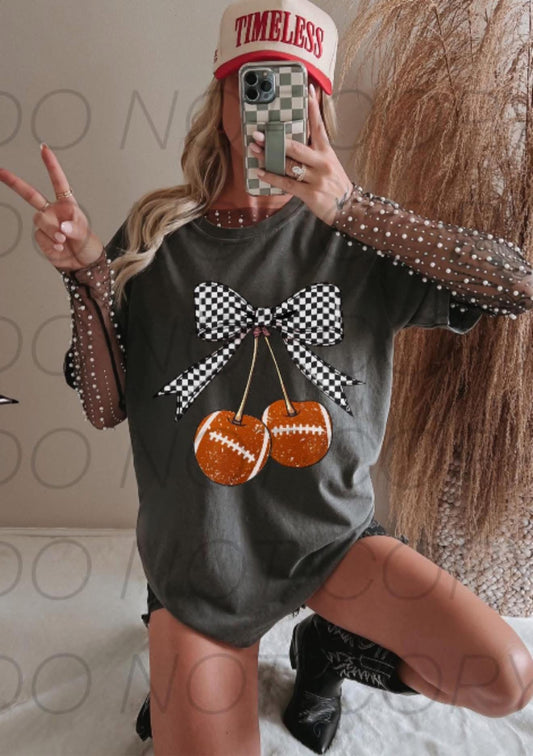 Checkered Bow with Football Cherries - T SHIRT - (Jerzee/Gildan)