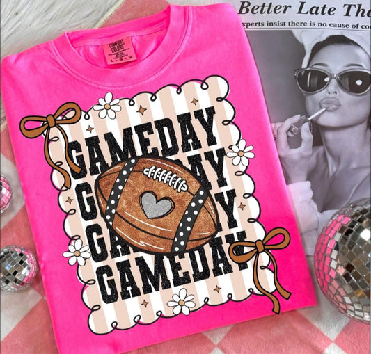 Gameday with Football & Brown Bows - T SHIRT - (Jerzee/Gildan)