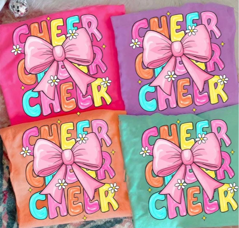 Cheer x3 with Big Pink Bow - T SHIRT - (Jerzee/Gildan)
